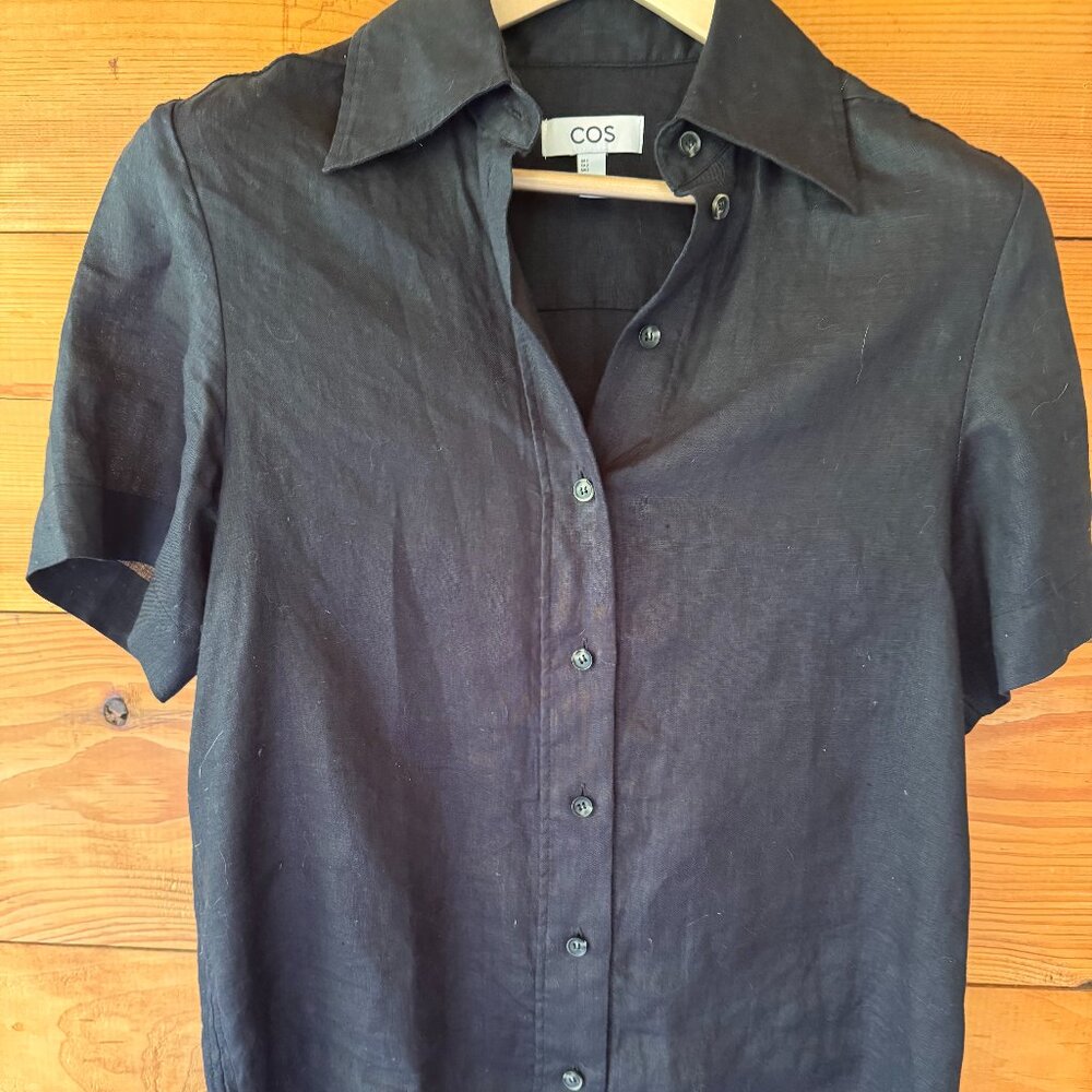 COS Linen Short Sleeve Collared Shirt Black